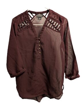 ANGIE Plum Ladder-Detail Sheer Blouse L